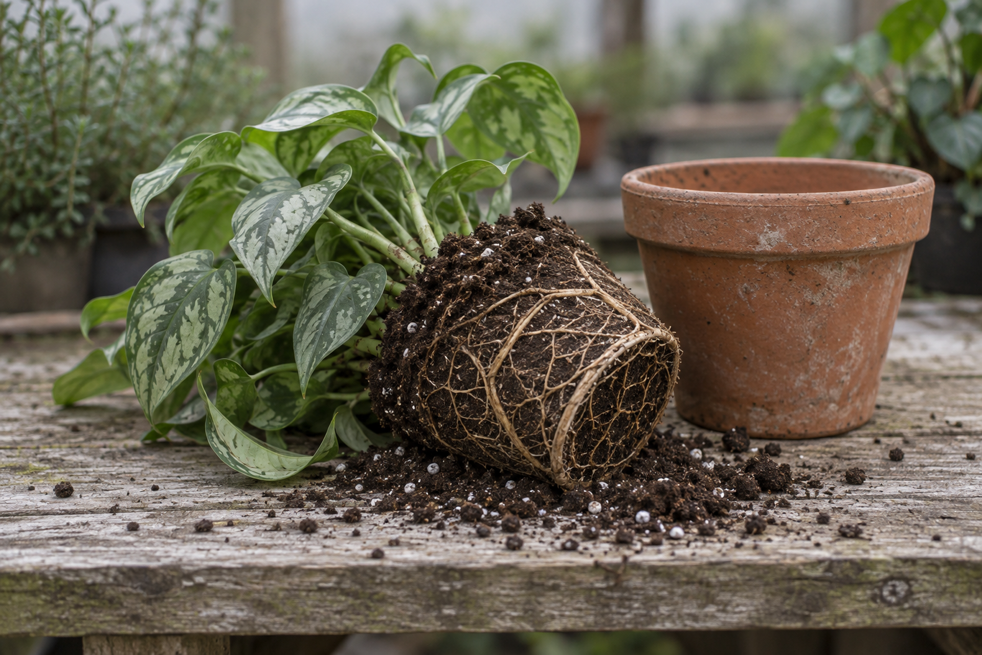 Photograph of a houseplant lifted out of its pot and laid on its side on a weathered wooden bench, the root ball still holding the shape of the pot, with the empty terracotta pot standing beside it and loose potting medium scattered around.