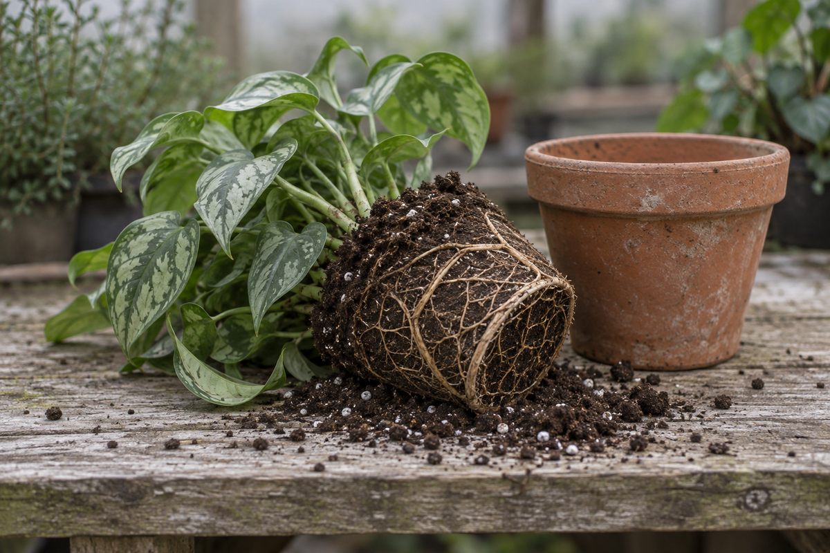 Photograph of a houseplant lifted out of its pot and laid on its side on a weathered wooden bench, the root ball still holding the shape of the pot, with the empty terracotta pot standing beside it and loose potting medium scattered around.