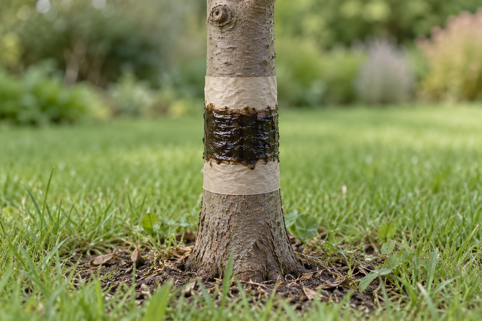 Photograph of the lower trunk of a young garden tree with a broad band of dark sticky material applied over a paler wrap at about knee height, grass and soil at the base.