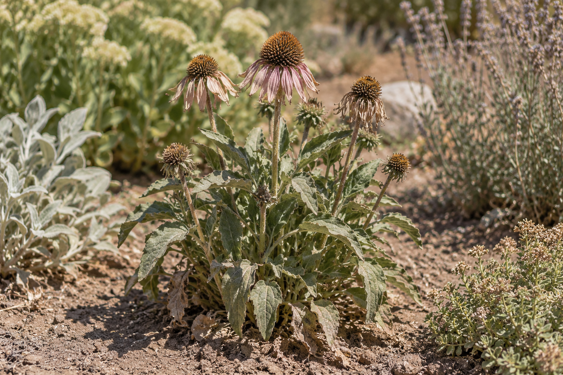 Photograph of a garden bed in high summer under hard overhead light, the foliage dusty and faded, several spent flower heads still standing, dry soil visible between the plants.