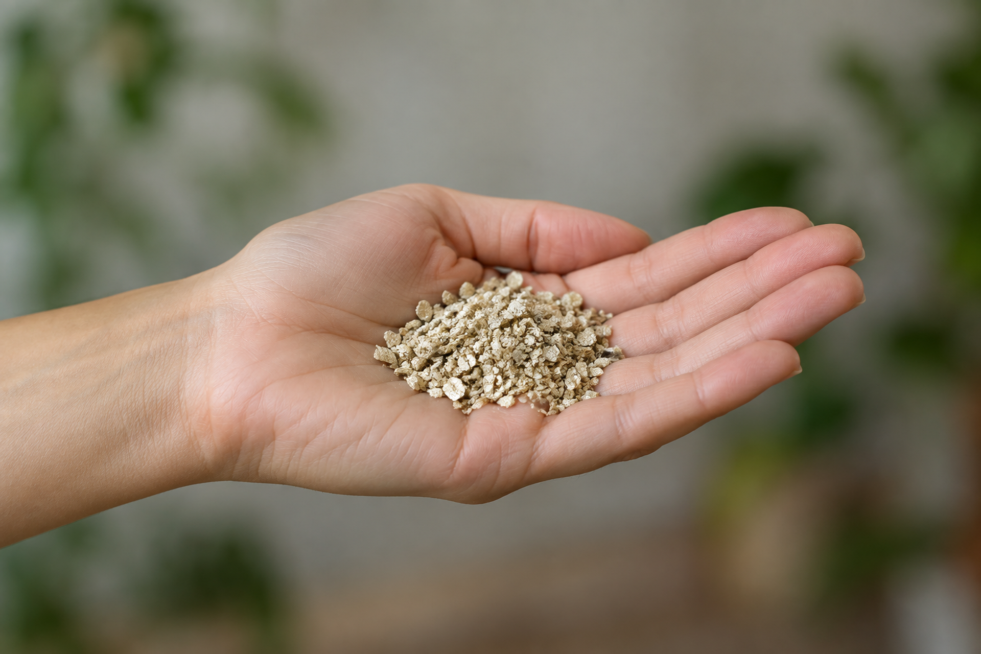 Photograph of an open palm held level, holding a small quantity of pale dry granular carrier material, against a plain out-of-focus background.