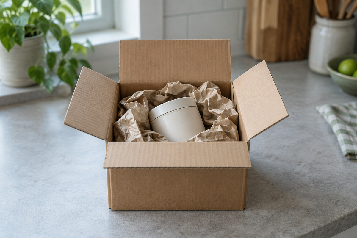 Photograph of a small opened cardboard shipping carton on a kitchen counter, crumpled paper packing inside it and a plain unlabelled container half buried in the packing. The carton carries no printing or labels.