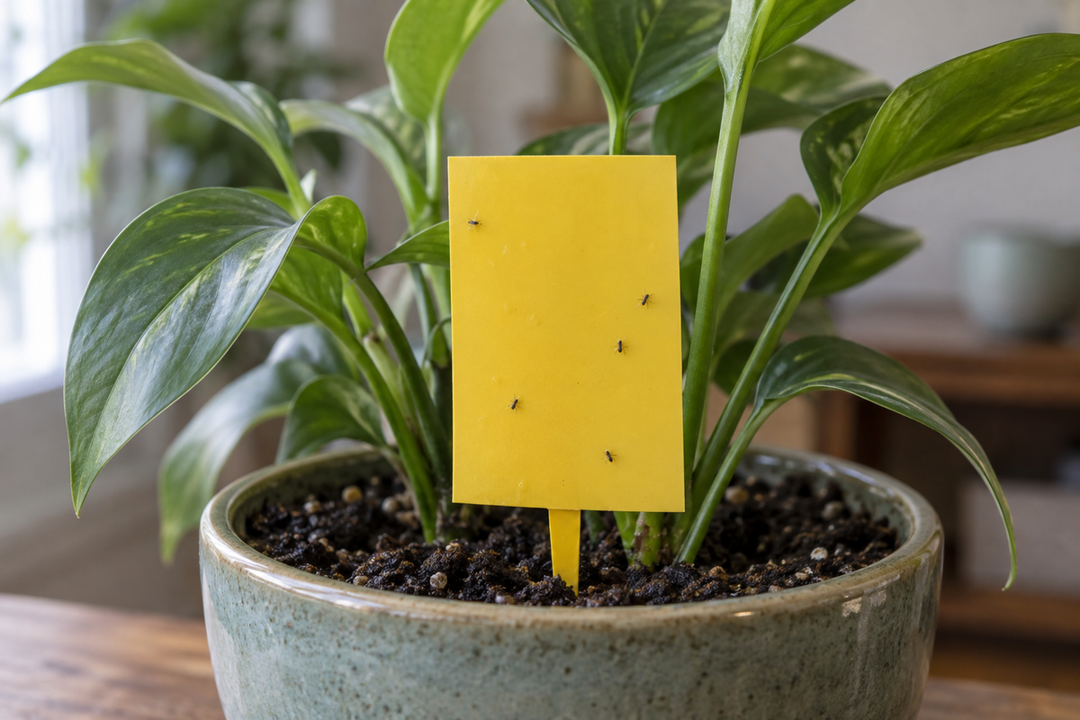 A plain yellow sticky card on a short stake pushed into the soil of a healthy potted houseplant, with five small dark fungus gnats caught on it, lit by soft daylight from a window off to one side.