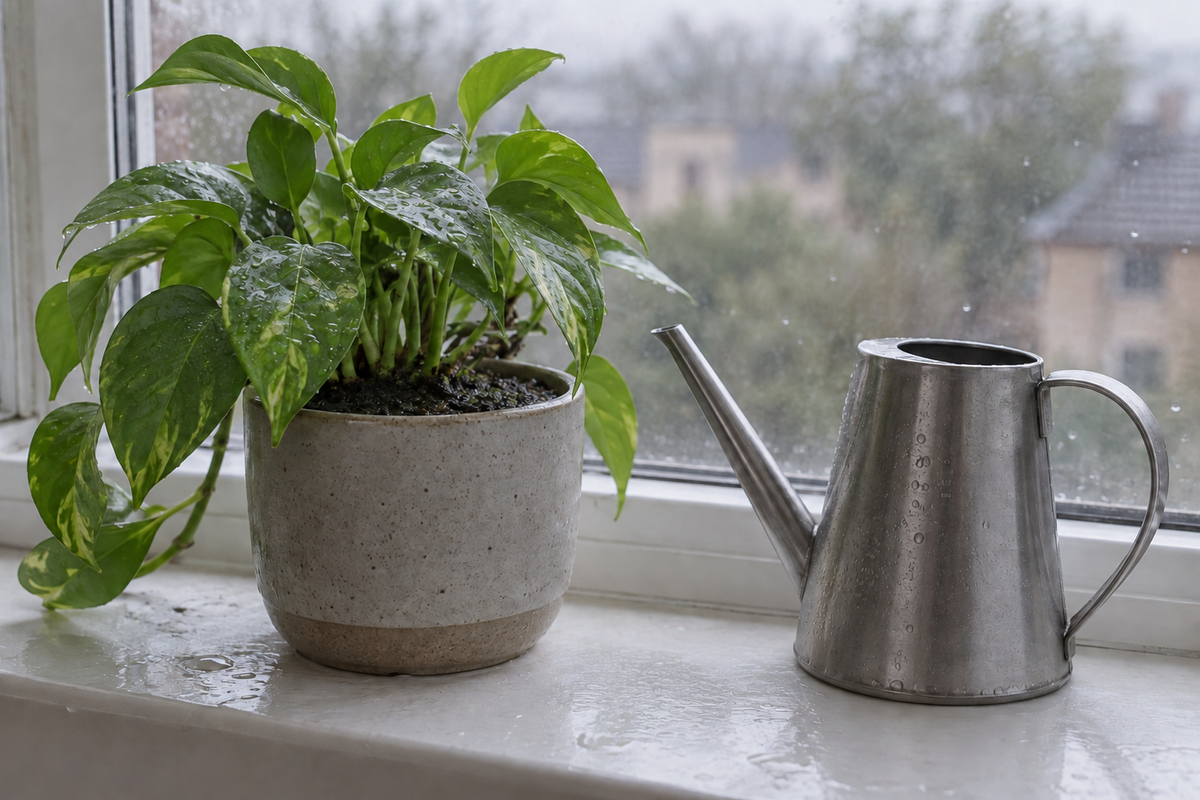 A plain metal watering can standing on a damp windowsill beside a healthy potted houseplant, with rain on the glass behind them and nothing else on the sill.