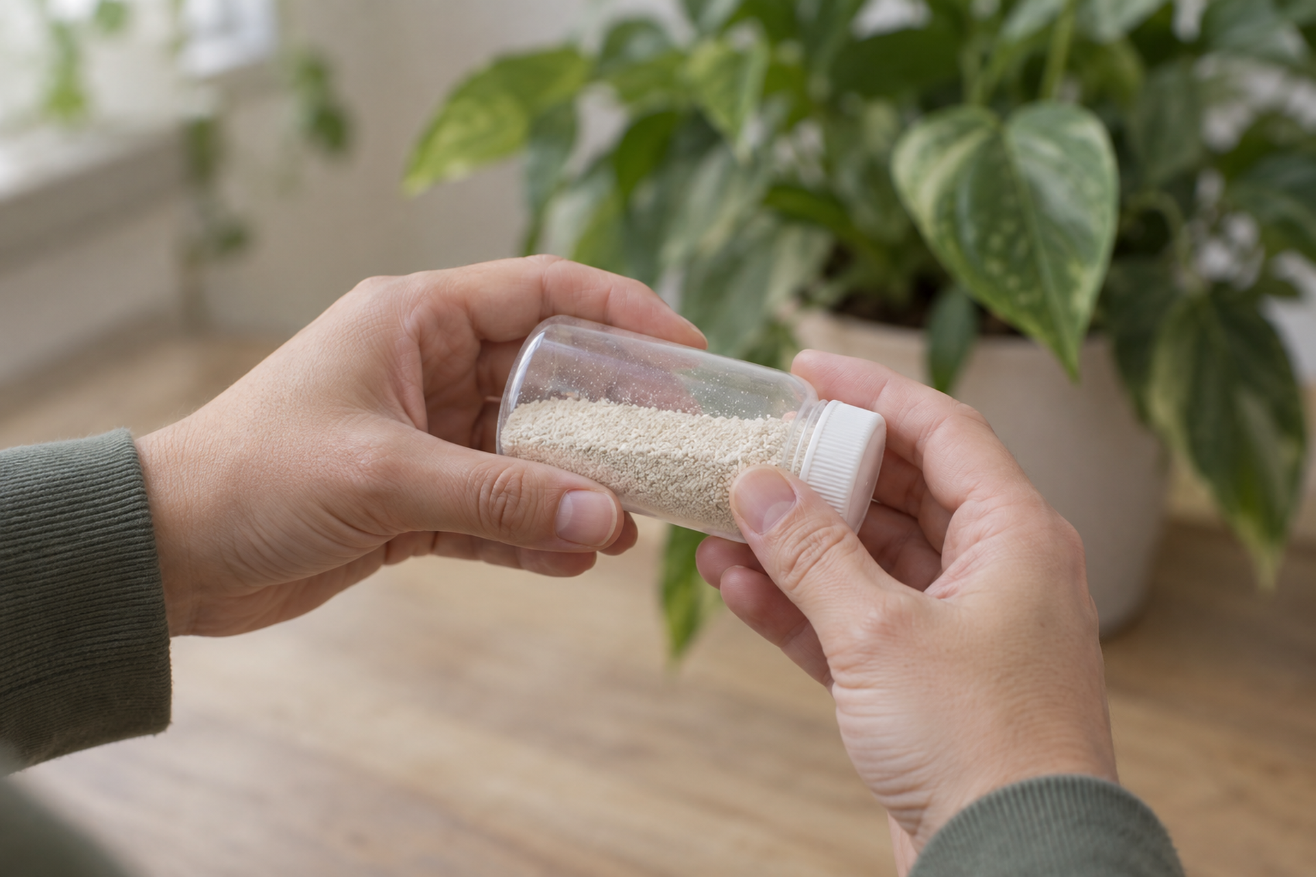 Photograph of two hands holding a small unlabelled bottle part-filled with pale dry granules, a leafy houseplant out of focus behind.
