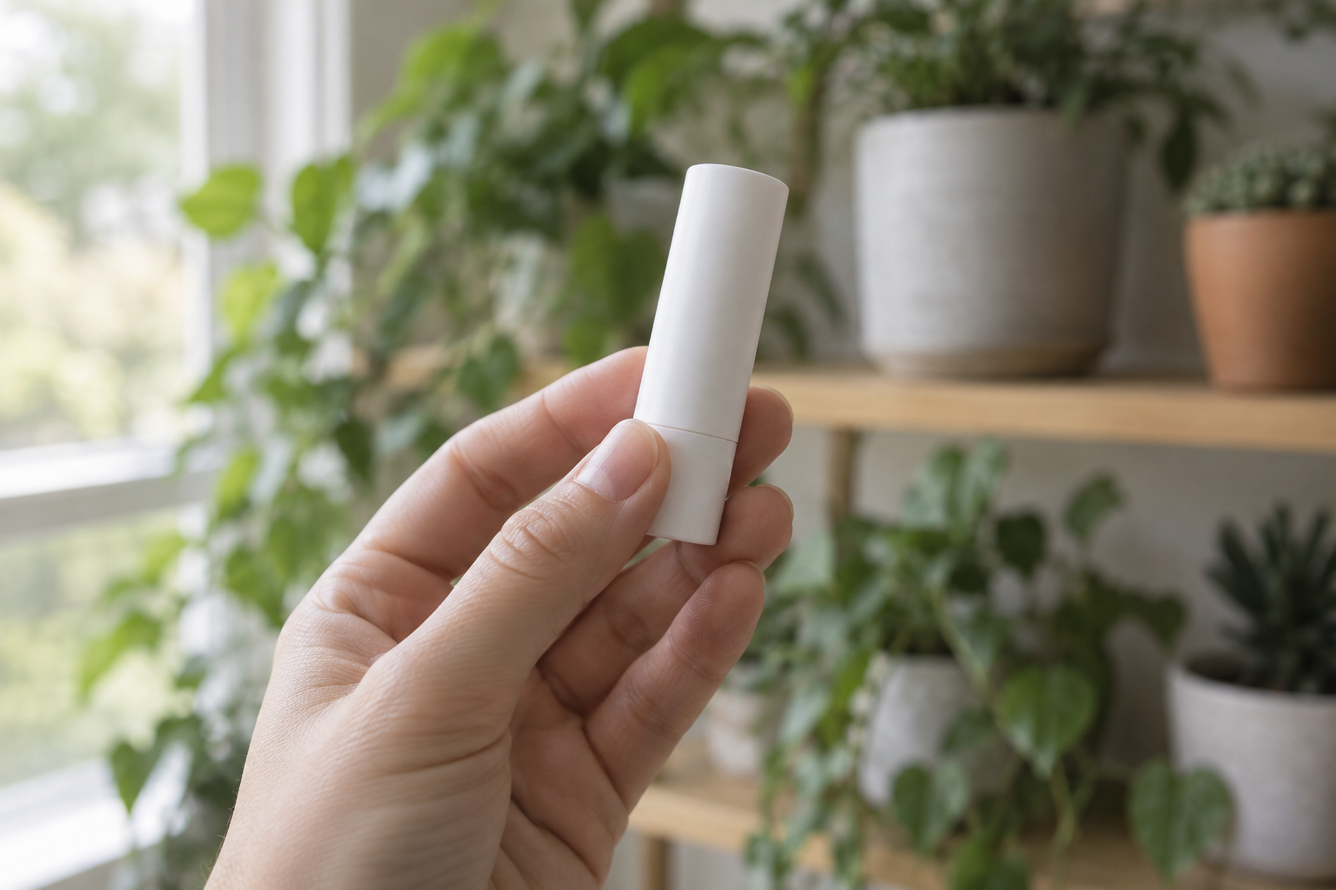 Photograph of a hand holding a small plain cylindrical tube up to window light and turning it. The tube is completely blank, with no label or printing of any kind. A shelf of potted plants sits out of focus behind.