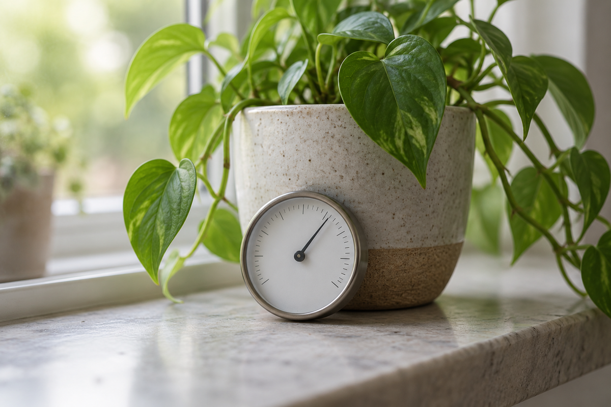 Photograph of a small round dial hygrometer resting against a potted houseplant on a windowsill, the dial face plain and unreadable.