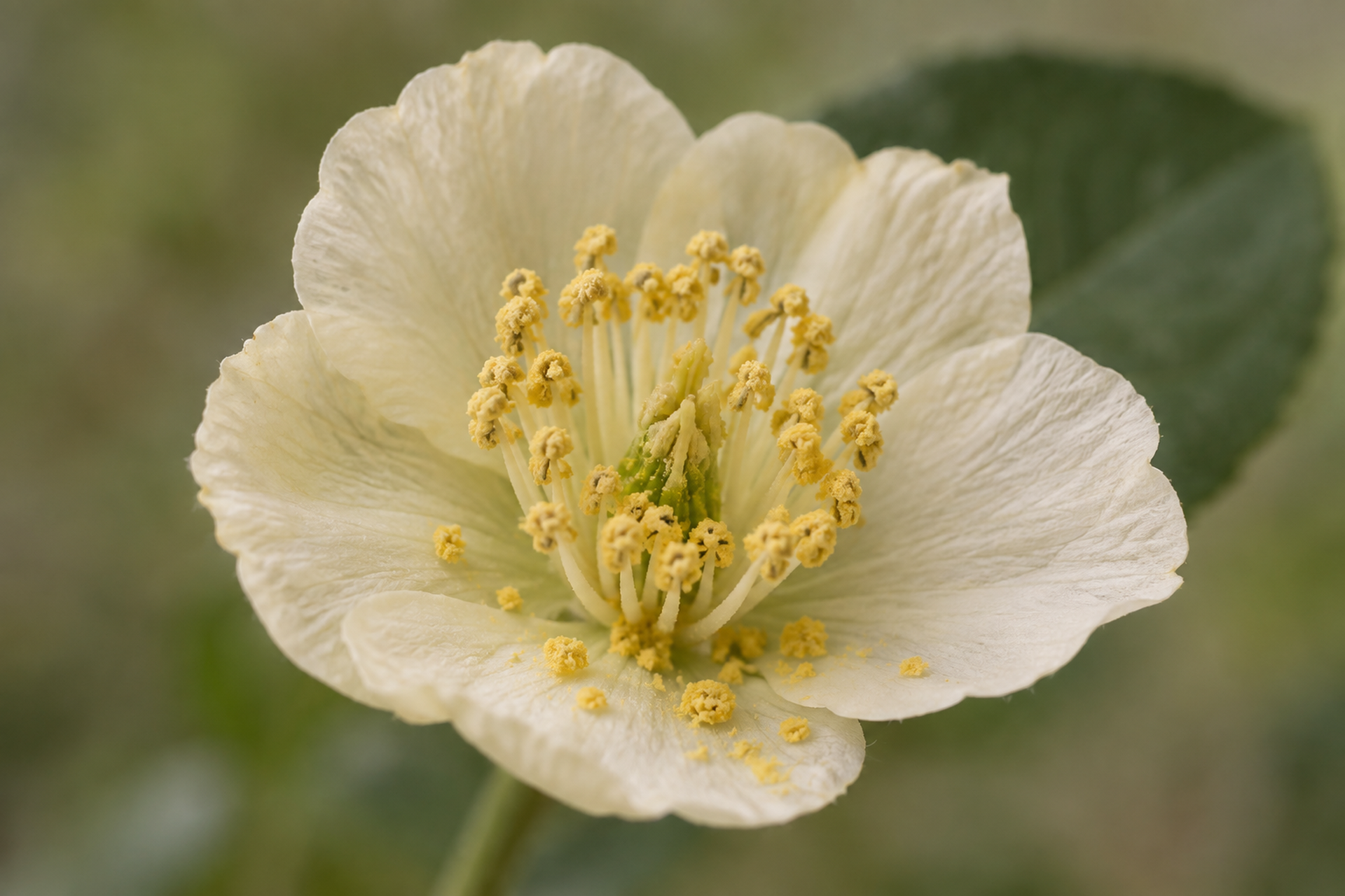 Close-up photograph of a pale cream flower, its anthers heavy with loose yellow pollen, some fallen onto the petal below.