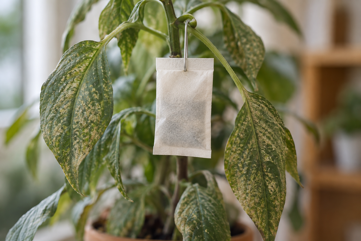 Photograph of a small plain paper sachet hanging by a hook on the stem of a houseplant whose surrounding leaves are stippled and tired.