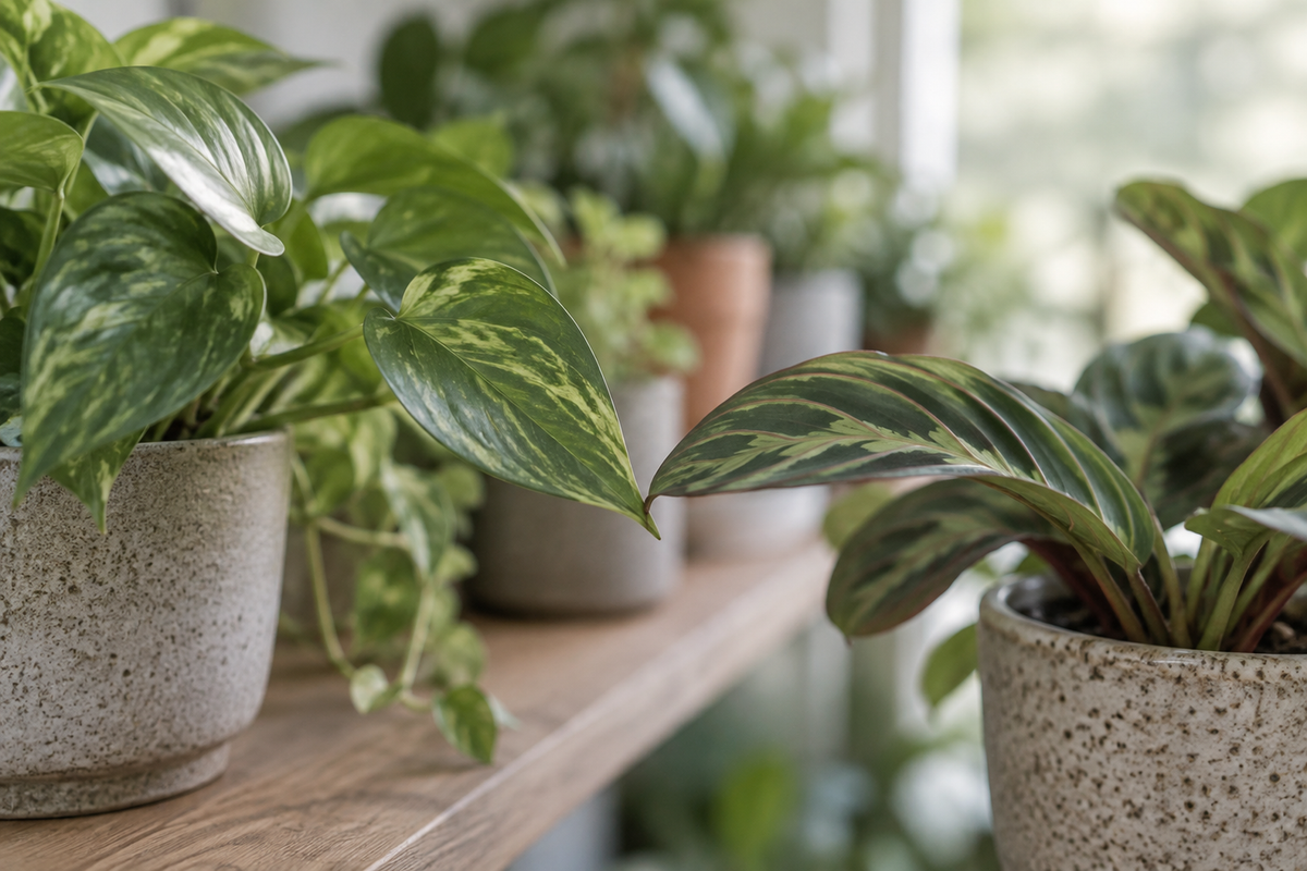 Photograph along a shelf of potted houseplants at leaf height, the pots receding into soft focus, the nearest leaves overlapping.