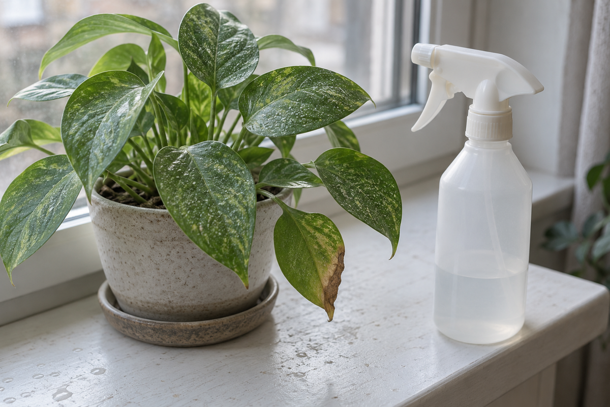 A variegated pothos in a speckled ceramic pot on a white windowsill, its leaves marked with dried spray droplets and pale mottling and one lower leaf yellowing to a brown tip. A plain unlabelled trigger spray bottle, about a third full, stands beside it.