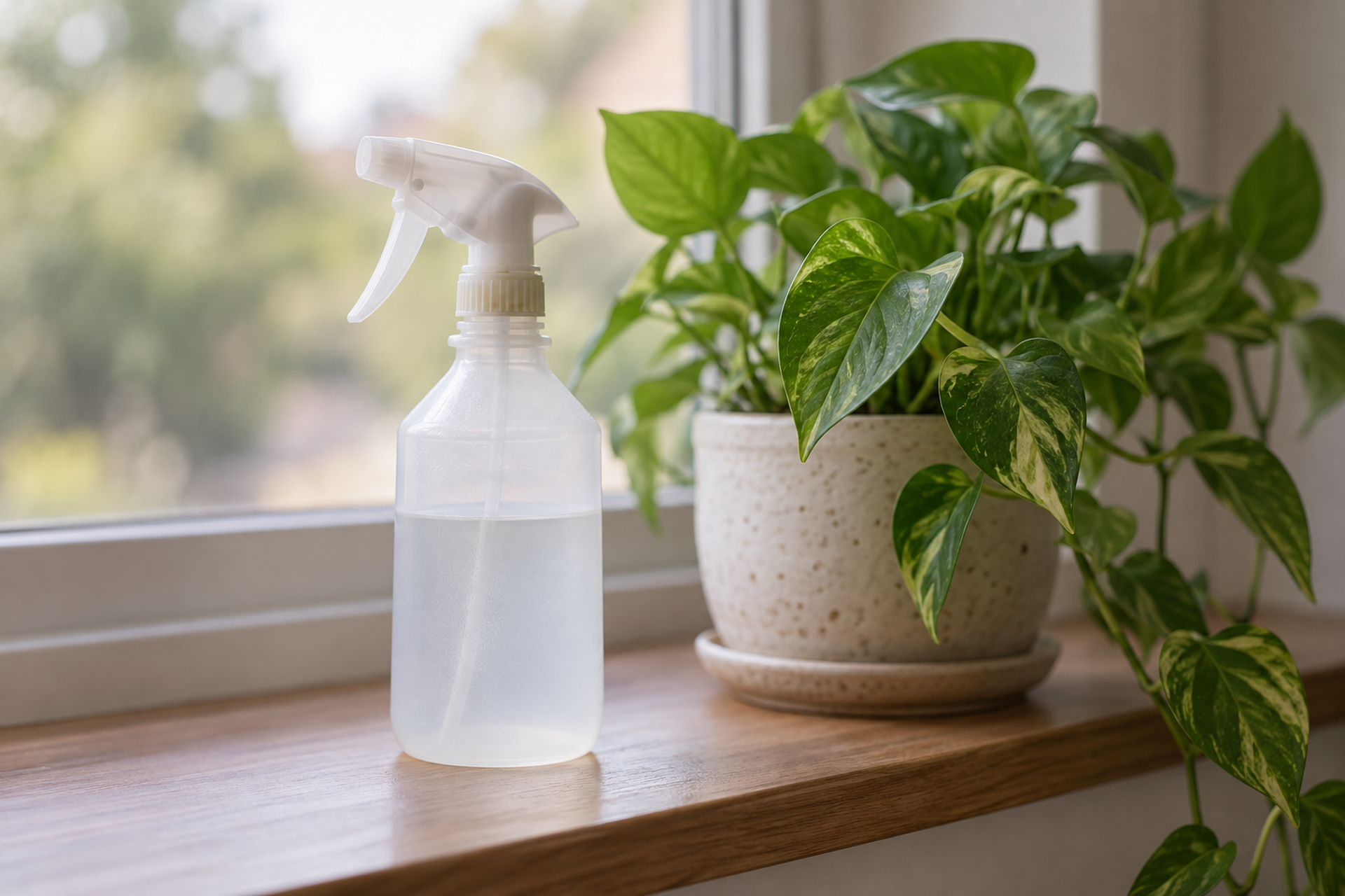 Photograph of a plain plastic trigger spray bottle on a windowsill beside a leafy potted houseplant in soft window light.