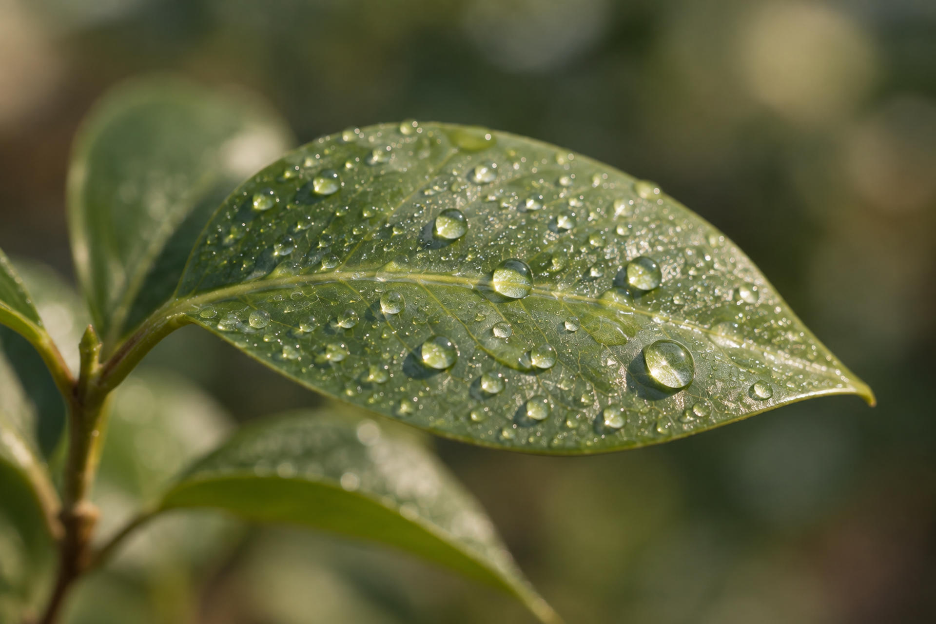 Close-up photograph of fine water droplets beaded across the upper surface of a waxy green leaf, each catching a highlight, the water plainly sitting on top rather than soaking in.