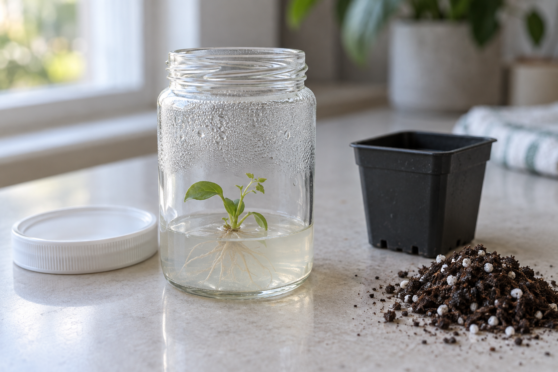An open glass culture jar on a pale kitchen counter, its lid beside it. A small sparse plantlet sits on pale clear nutrient gel with its roots spread through it, condensation fogging the upper glass. An empty black pot and potting mix alongside.