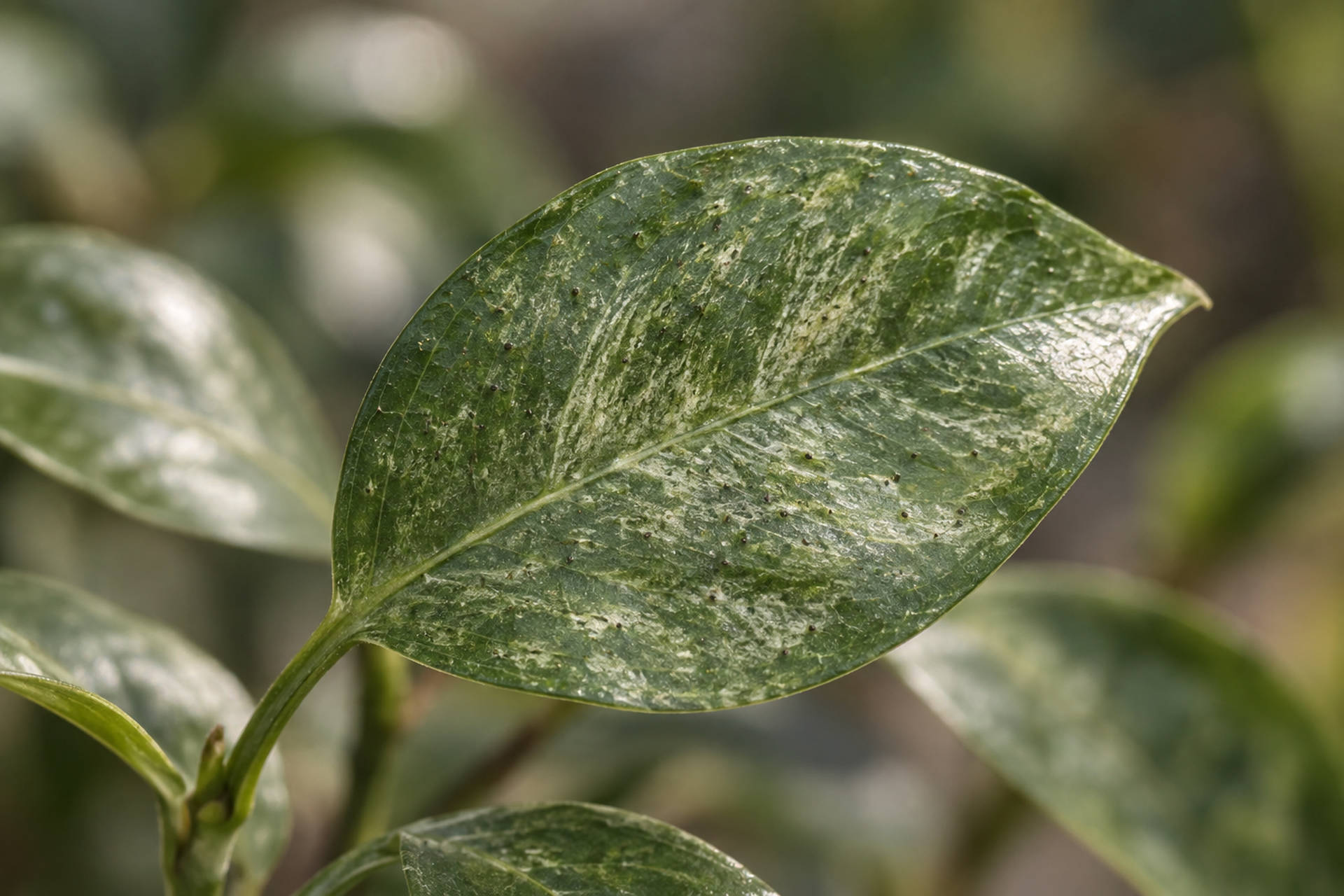 Close-up photograph of a green leaf raked with fine silvery stippling and scattered small dark specks, lit from the side so the damage shows as a change in sheen.