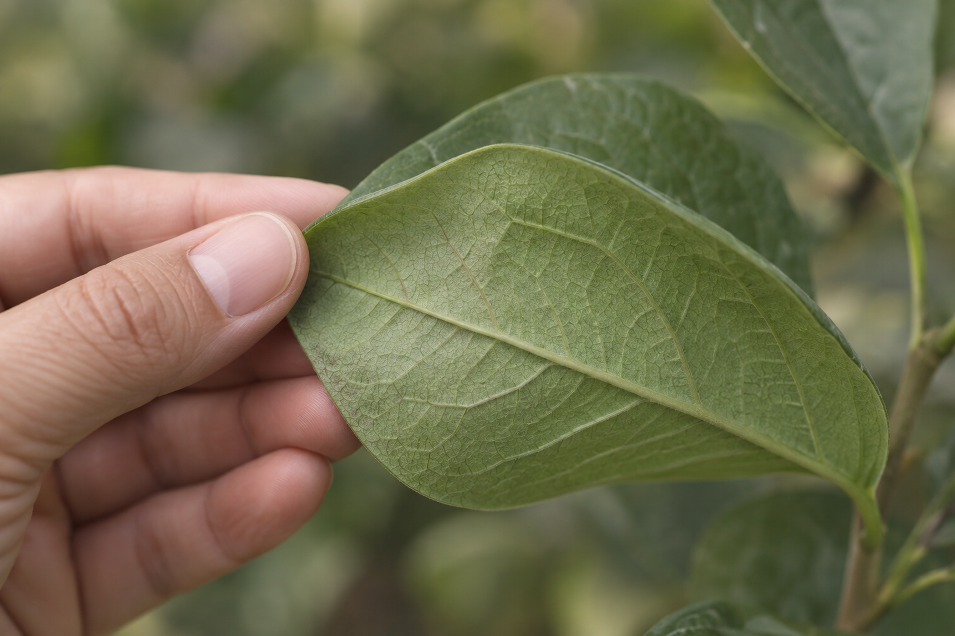 Photograph of a hand turning up the underside of a broad green leaf. The surface is plain, clean and empty, its veins sharp.