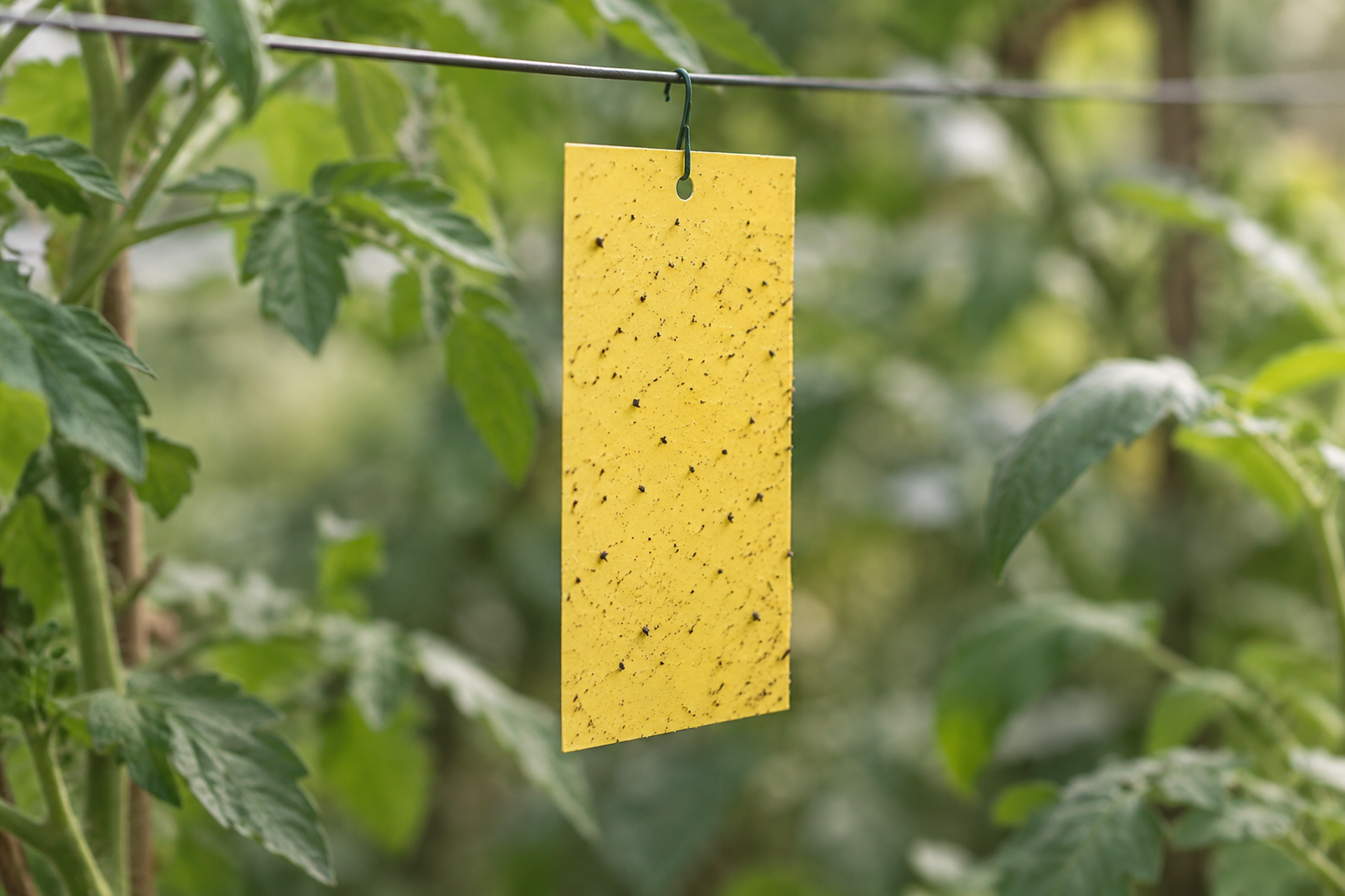 Photograph of a yellow sticky card hanging on a wire among green foliage, its surface carrying many small scattered dark specks.