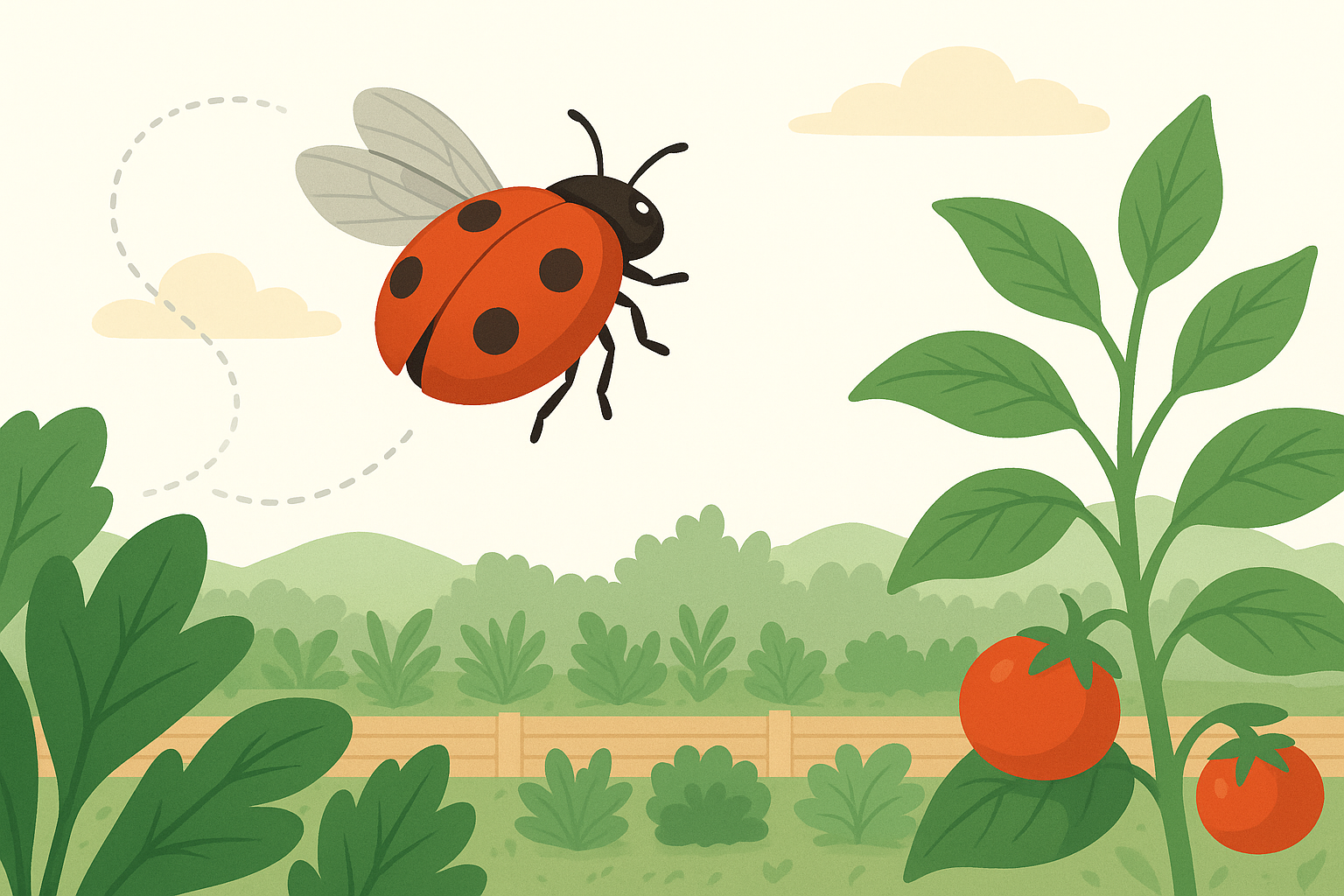 Ladybug lifting off from a garden leaf, illustrating why ladybugs fly away, in FGMN’s modern editorial art style.