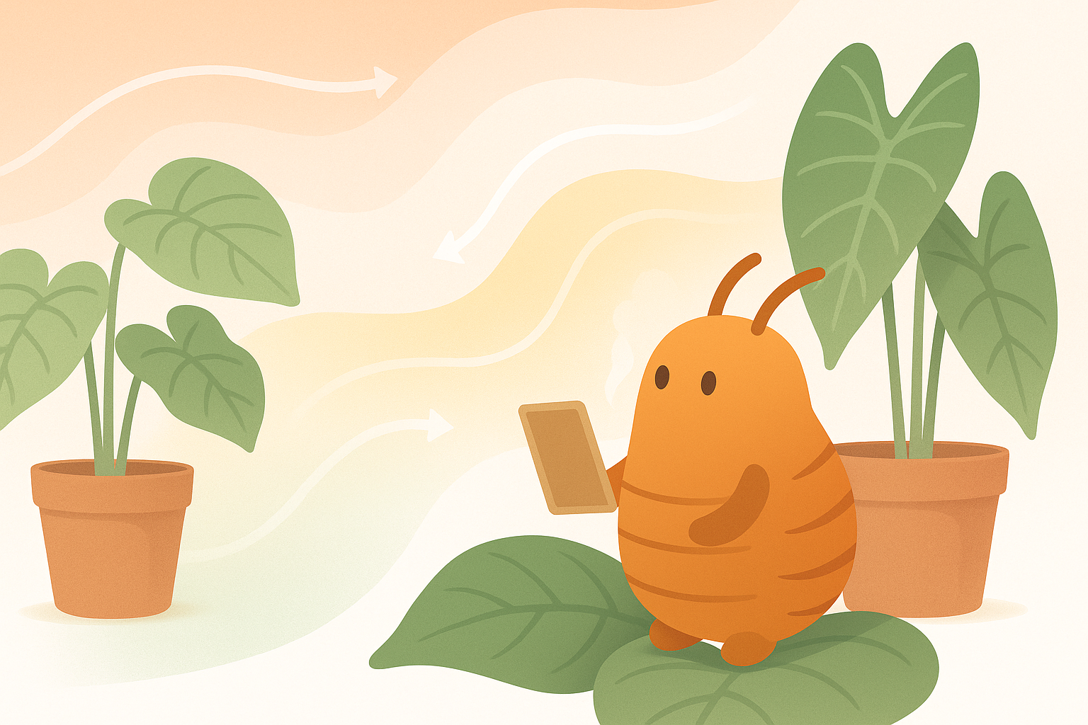 Editorial illustration of an orange predatory mite holding a clipboard while observing airflow and humidity gradients among Philodendron and Alocasia plants in terracotta pots, representing plant microclimates.
