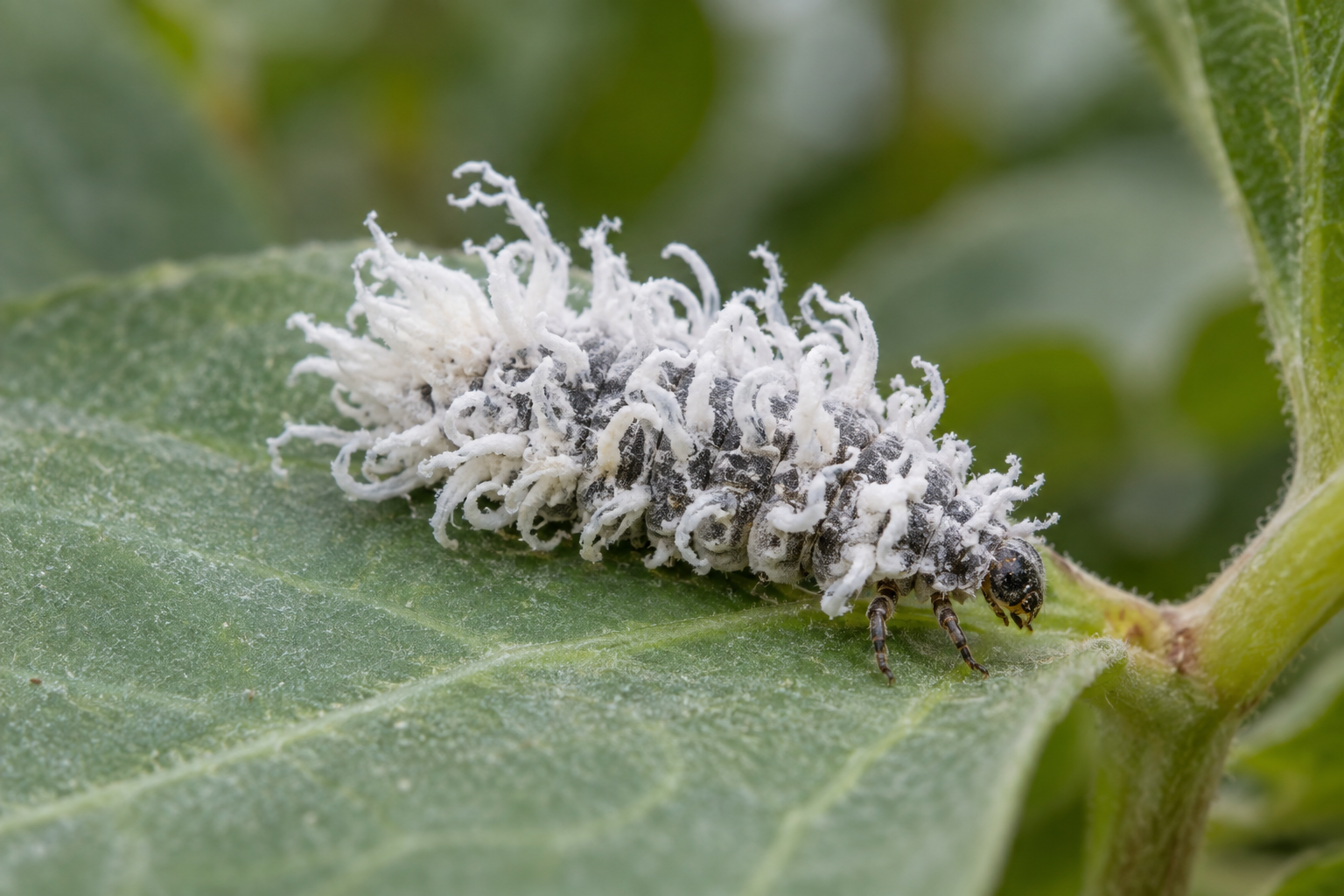 White wax-covered Cryptolaemus montrouzieri larva resting on a leaf