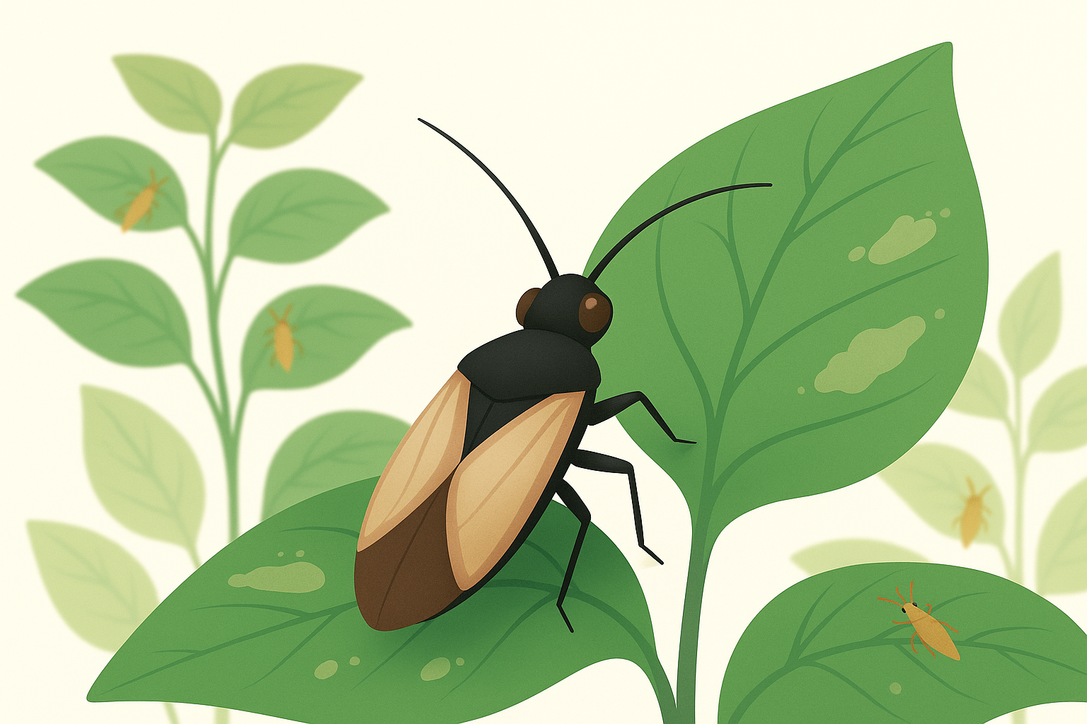 Orius insidiosus perched on a green leaf, preparing to strike a nearby thrips. The Orius is shown in detailed black and tan coloration with prominent antennae, surrounded by subtly damaged foliage. Clean white background, editorial composition.