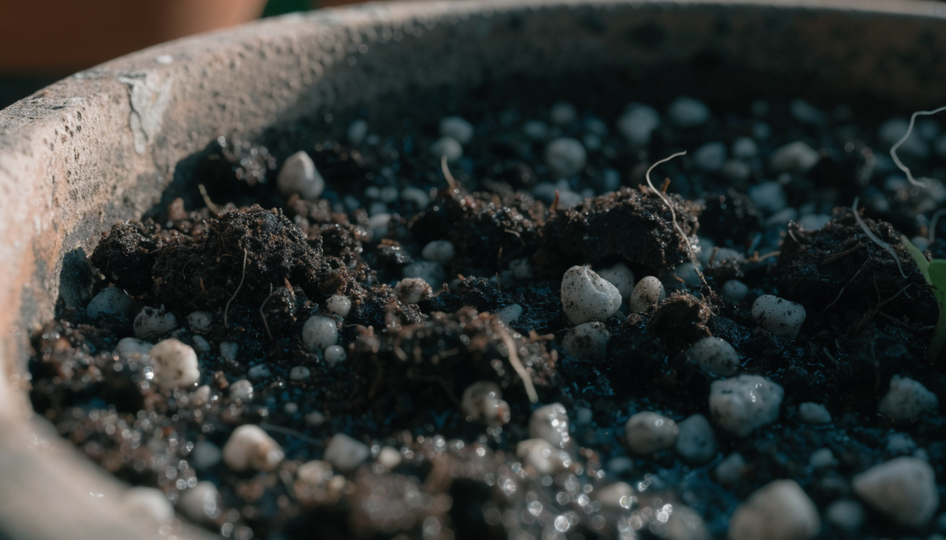 Close-up of the surface of dark peat substrate flecked with pale perlite granules