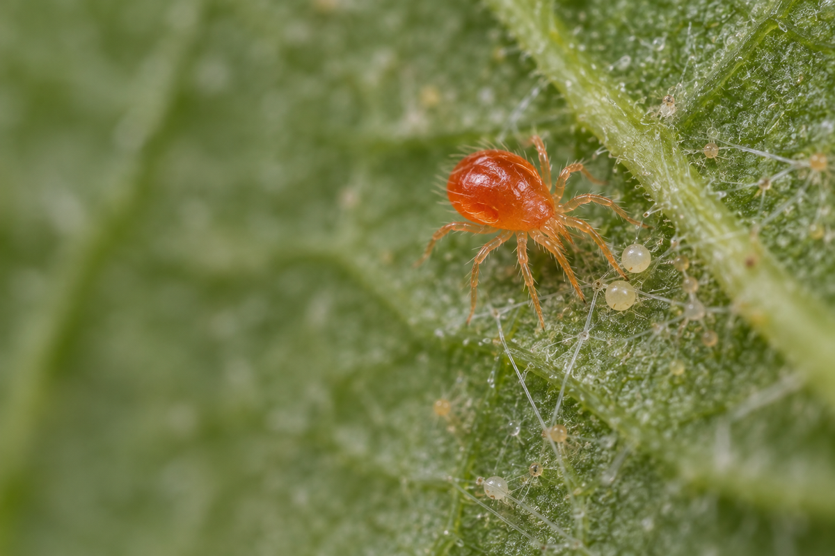Orange Persimilis on a leaf, AI-generated macro illustration