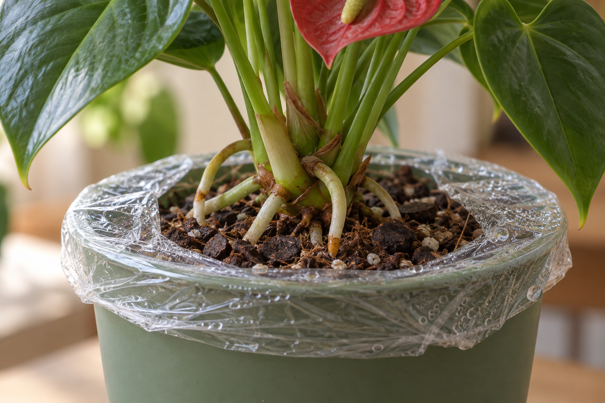 Anthurium roots at the surface of a pot partly covered with clear kitchen wrap