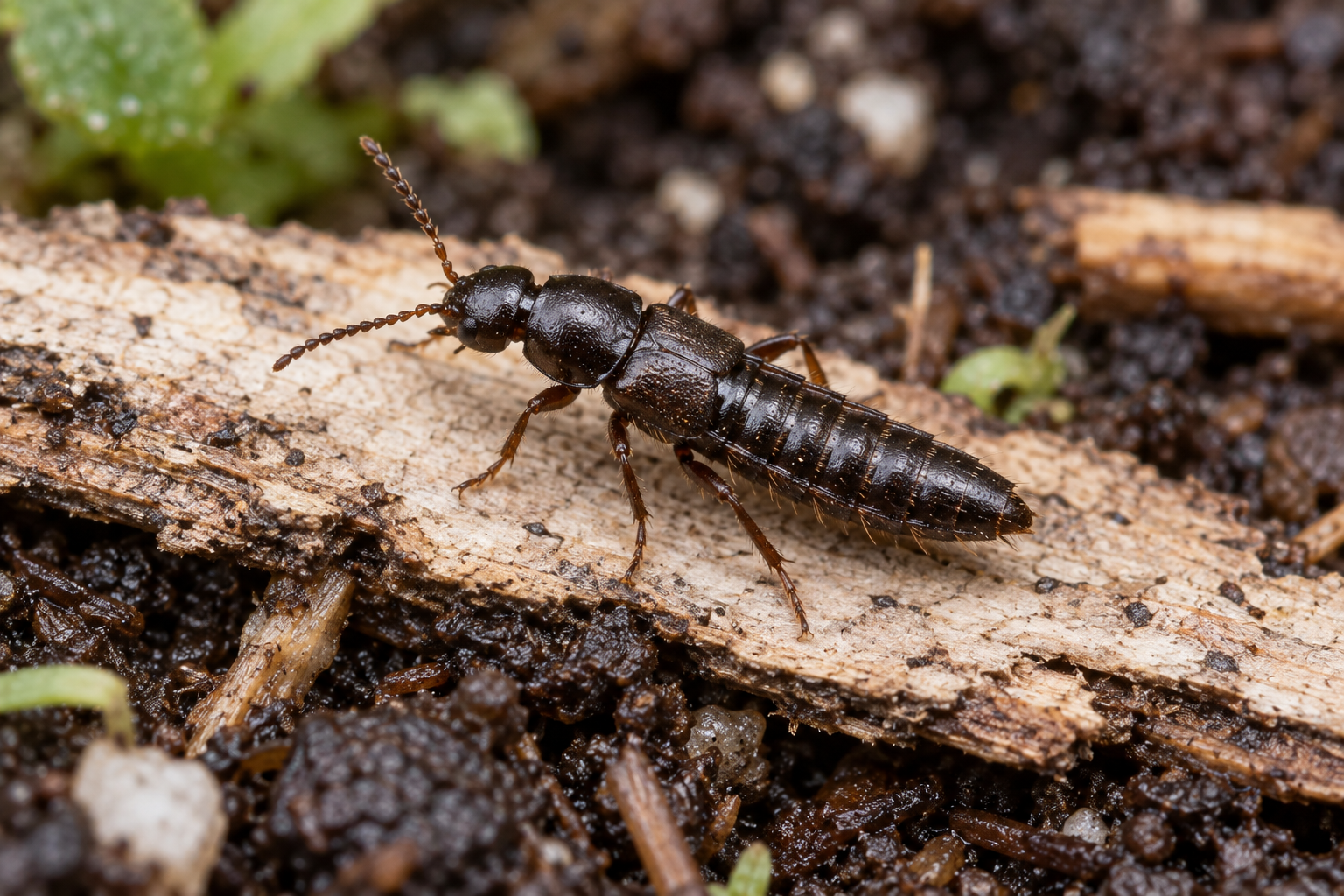 Photorealistic illustration of a rove beetle with short wing covers on bark.