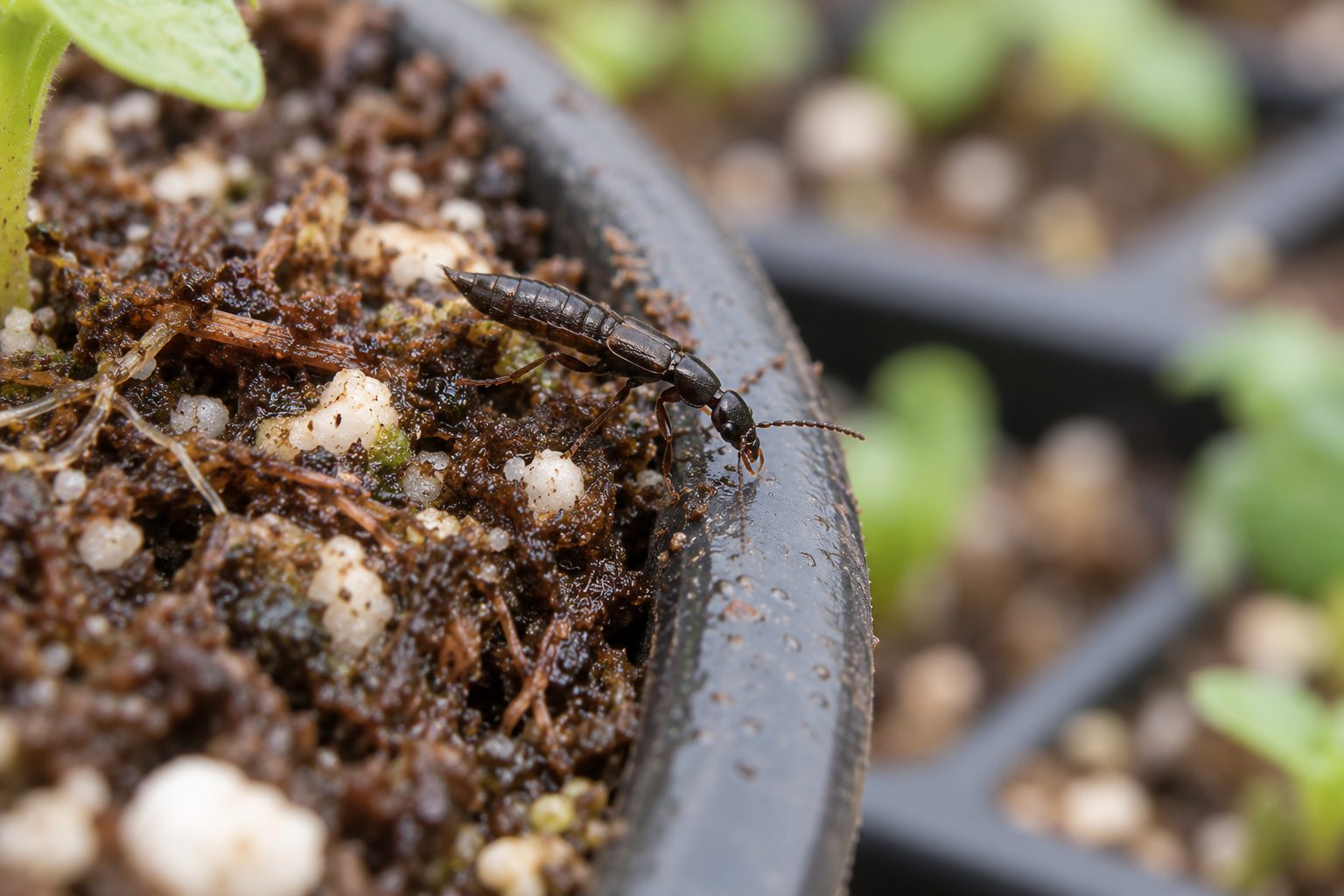 Photorealistic illustration of a rove beetle at the rim of a nursery pot.