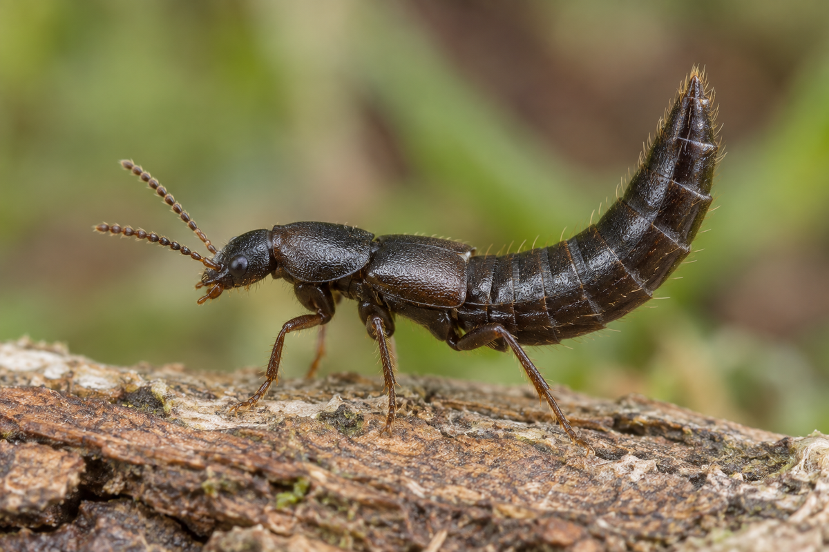 Photorealistic illustration of a rove beetle with its abdomen raised defensively.