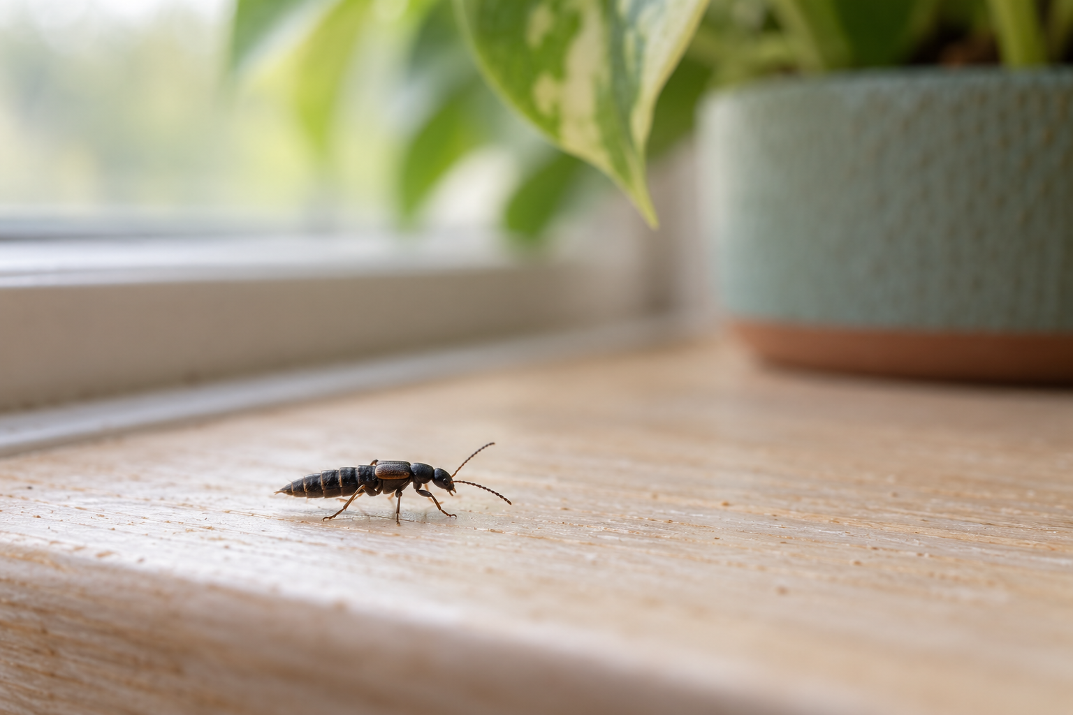 Photorealistic illustration of a small rove beetle on an indoor windowsill.
