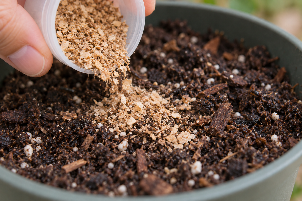 Photorealistic illustration of carrier being tipped onto potting mix.