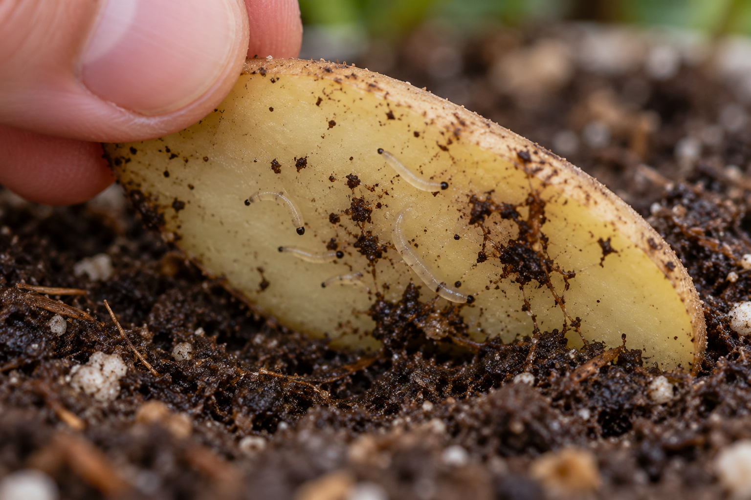 Photorealistic illustration of black-headed fungus gnat larvae under a raw potato slice.