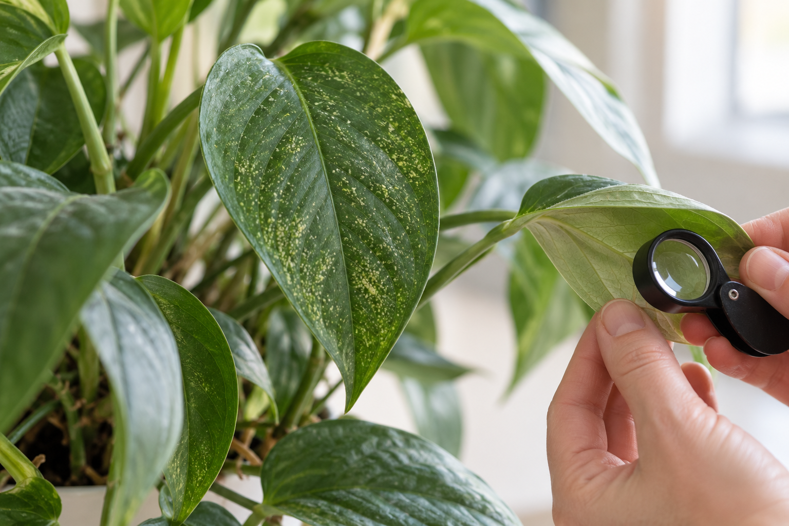 Close inspection of stippled houseplant foliage with a hand lens.