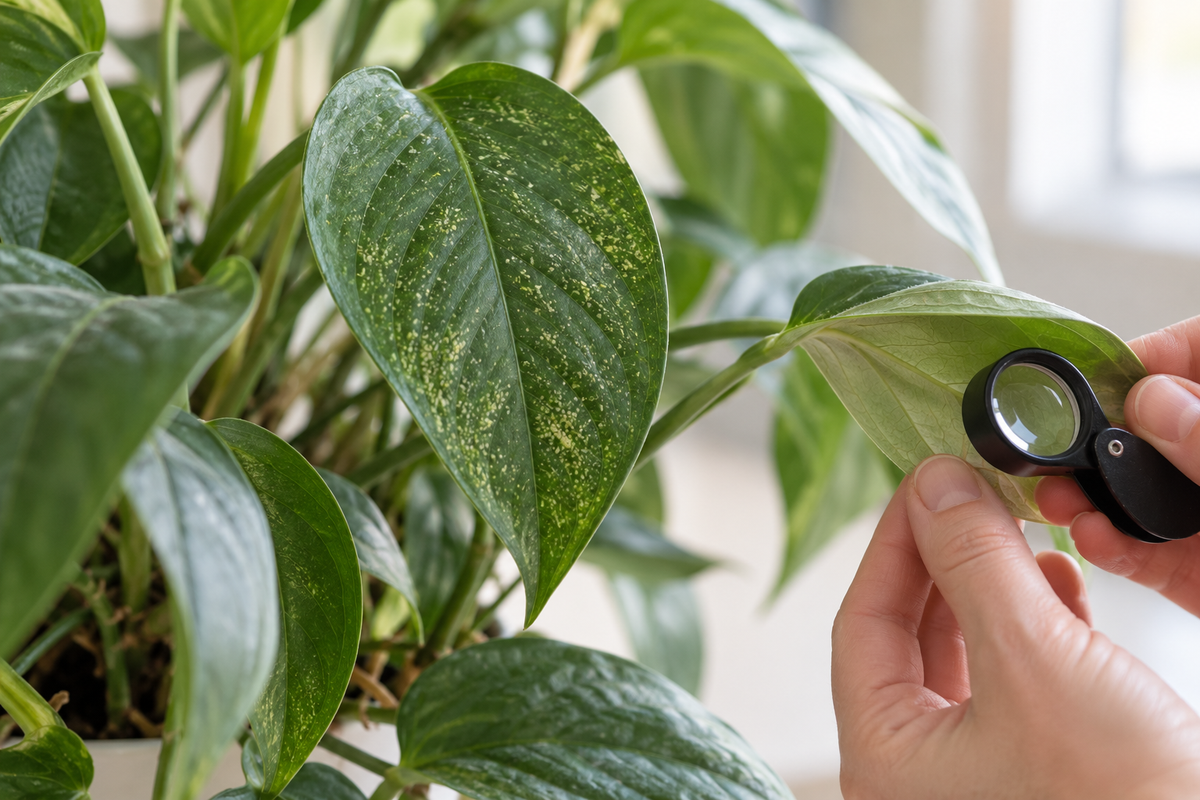 Close inspection of stippled houseplant foliage with a hand lens.