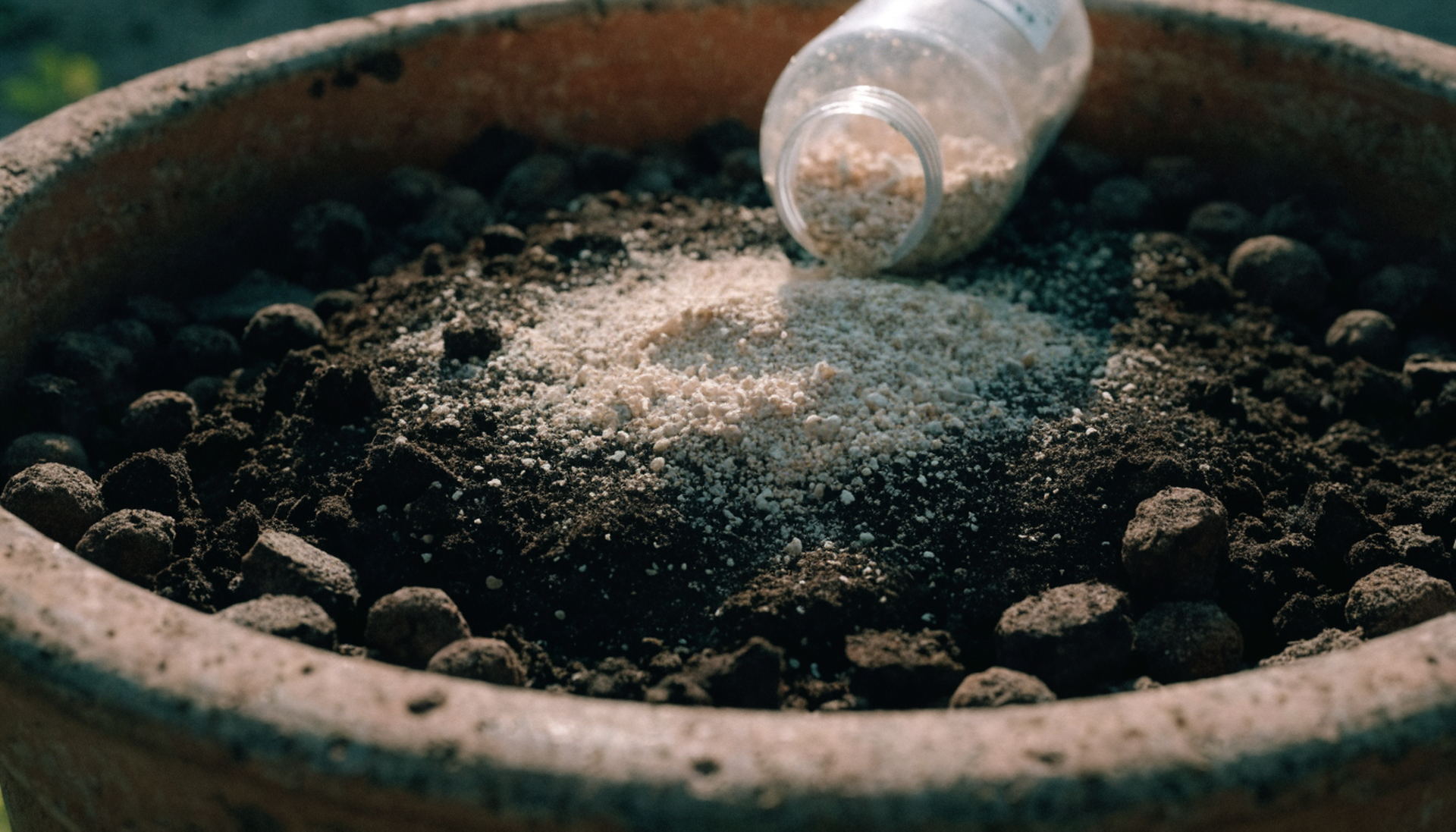 Pale granular carrier poured from a bottle onto dark potting substrate in a terracotta pot