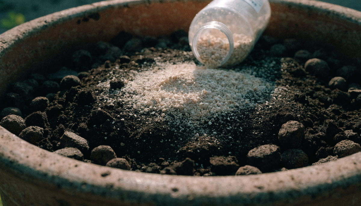 Pale granular carrier poured from a bottle onto dark potting substrate in a terracotta pot