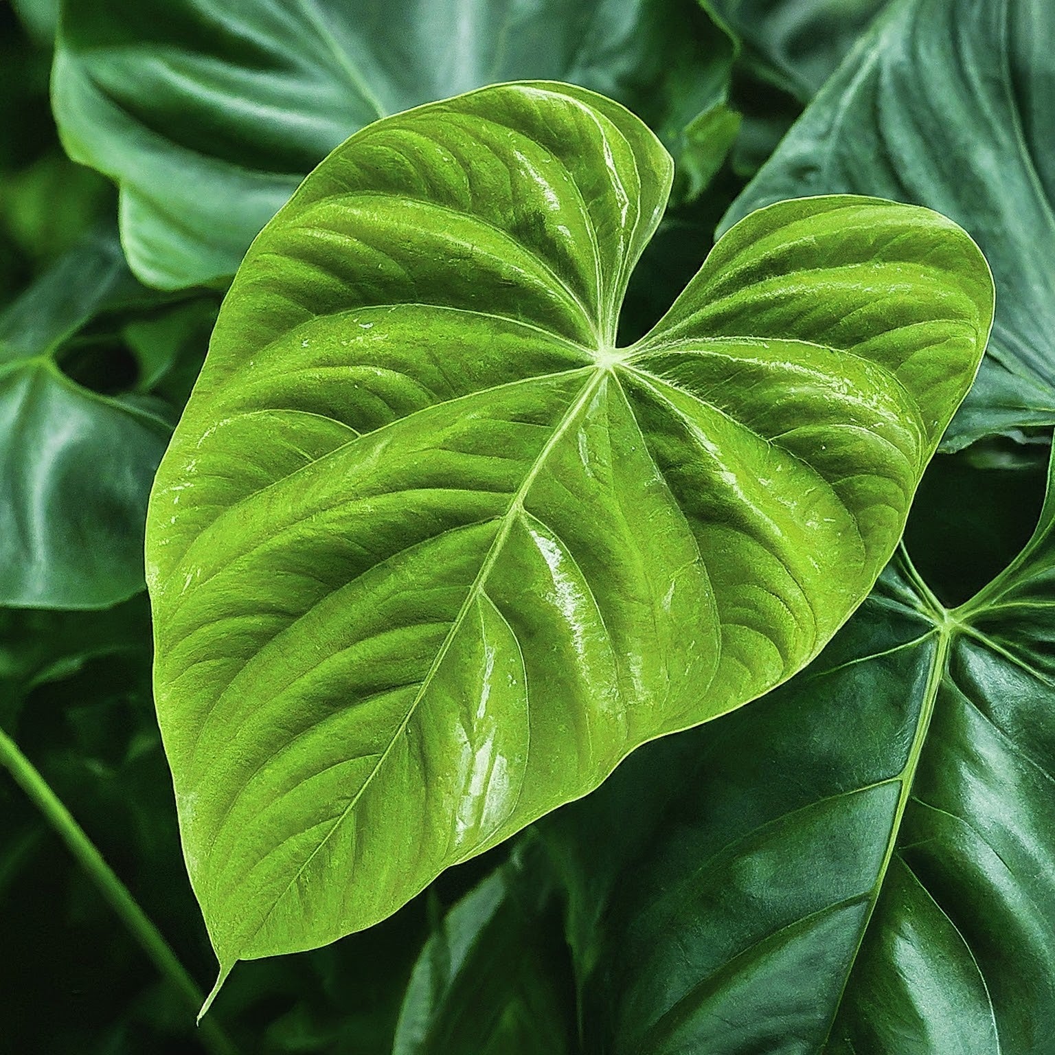 Close-up of a vibrant green Anthurium leaf showcasing its unique veined pattern, symbolizing hybridization and evolution of varieties.