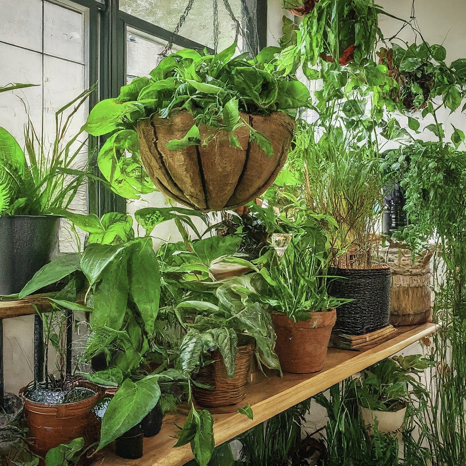 Indoor nursery with rare plants and greenery at FGMN, showcasing diverse foliage in hanging and potted arrangements.