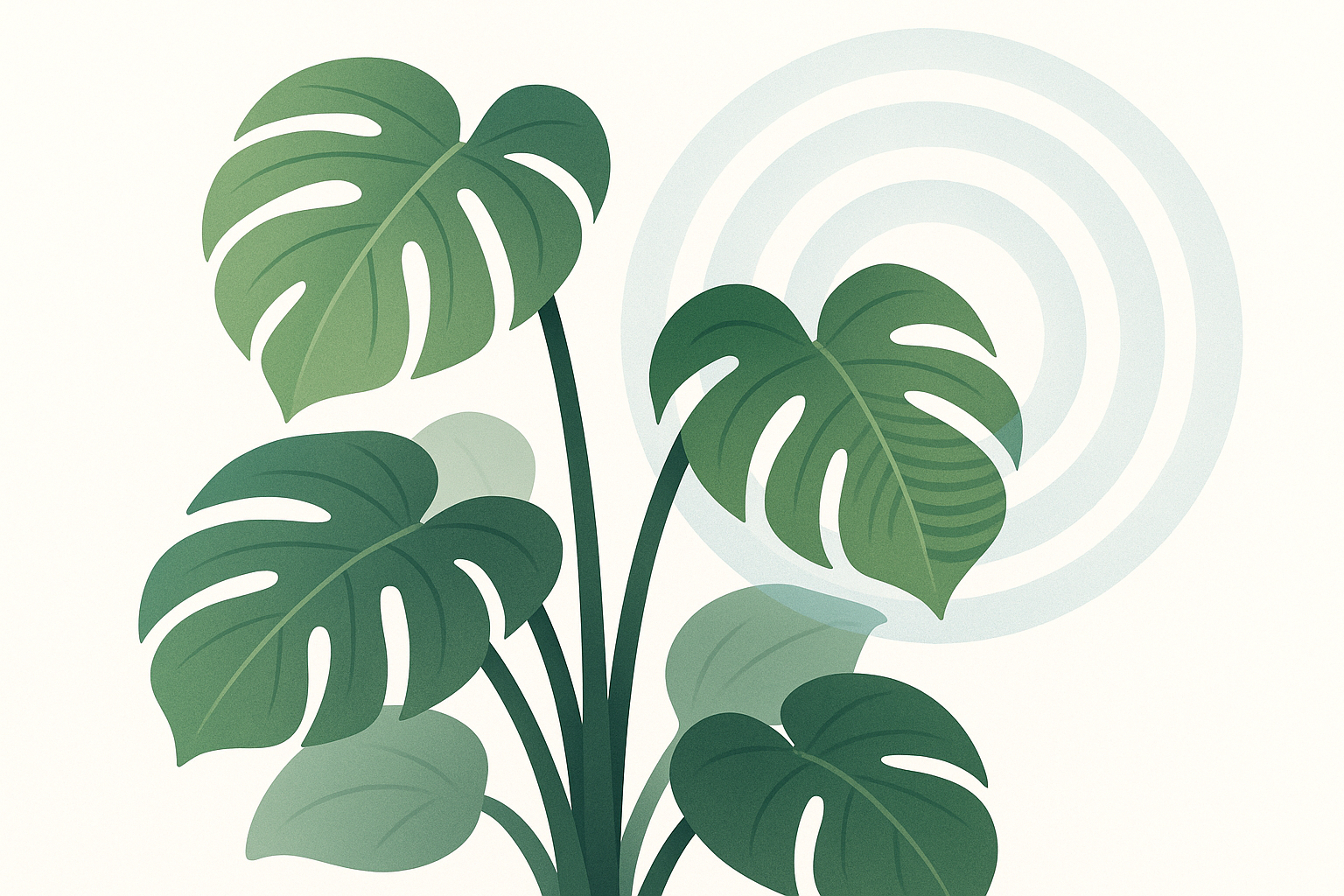 Editorial illustration of a Monstera plant with layered green leaves on a white background. Transparent blue vibration waves radiate outward from one leaf, symbolizing how plants sense touch.