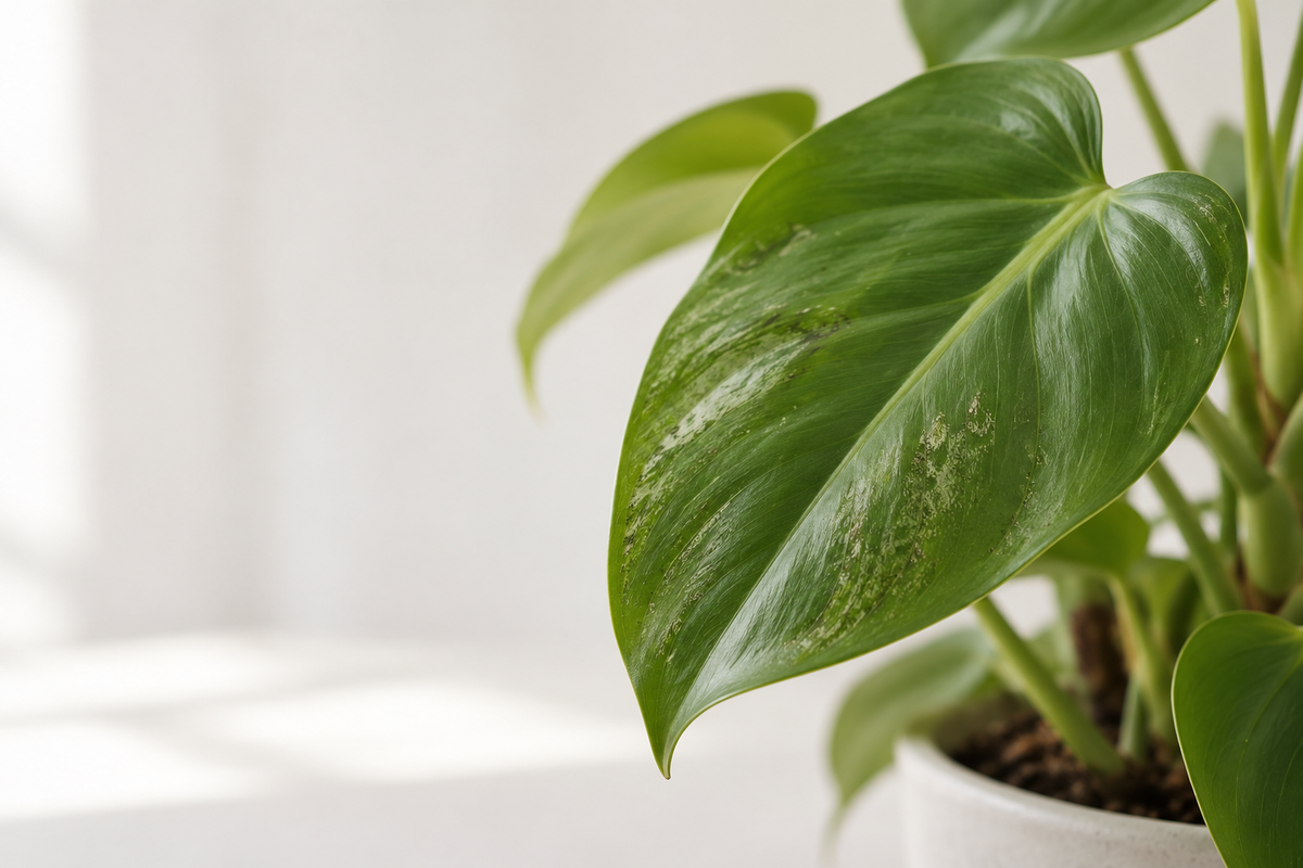 Generated editorial image of a philodendron leaf with pale surface scuffs.