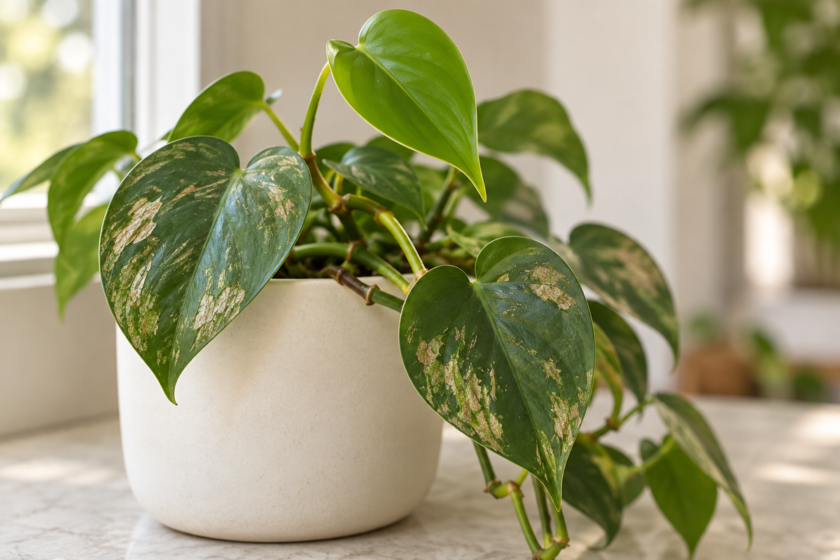 Philodendron with scarred mature leaves and healthy green new growth in natural window light.