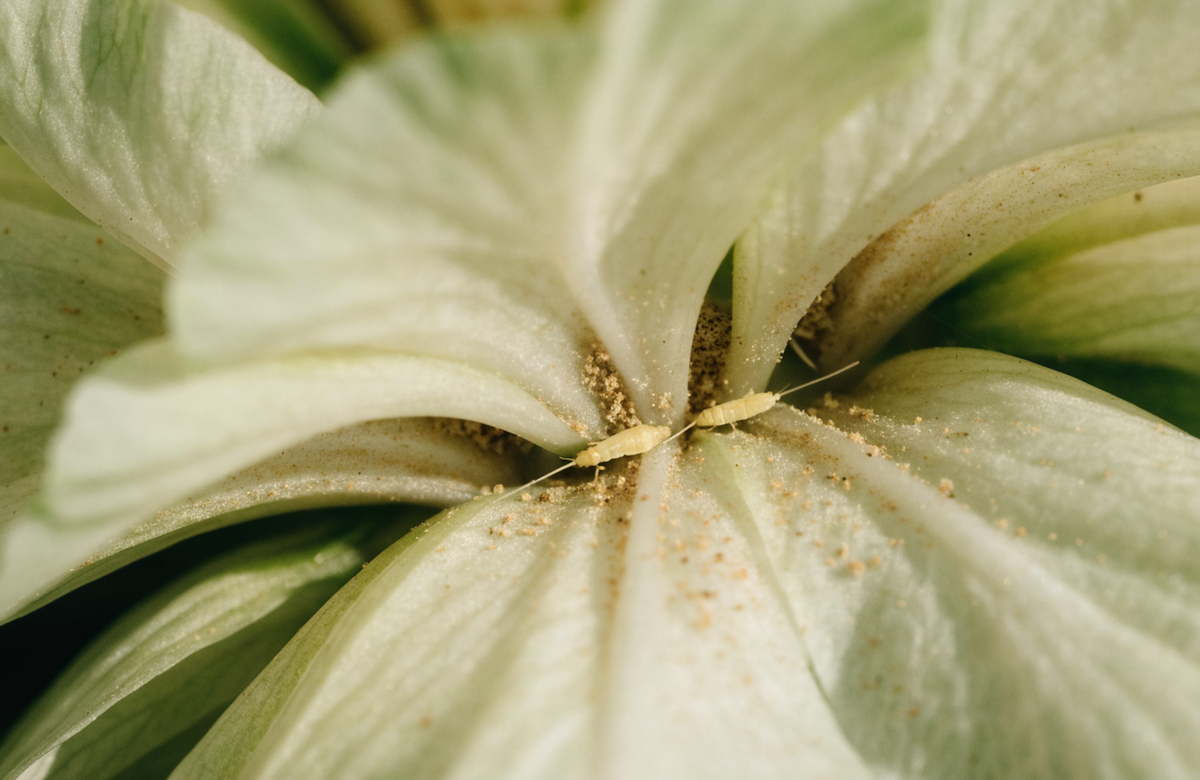 Macro looking into the throat of a pale flower, with two small slender pale thrips tucked into the crevice where the petals meet
