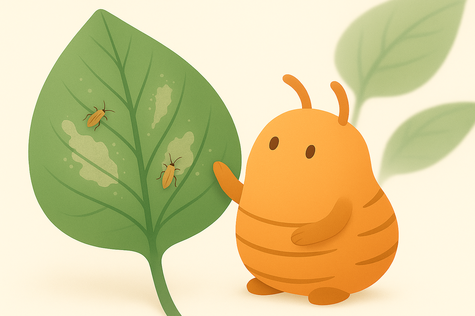 Illustration of a predatory mite observing thrips feeding damage on a green leaf, used as a header image for thrips treatment article