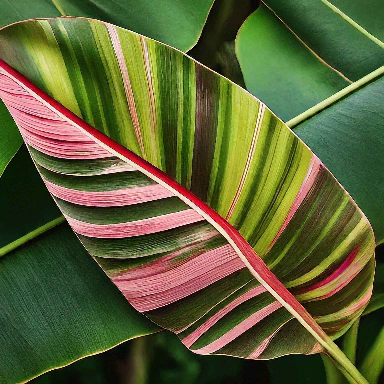 Close-up of a colorful banana leaf with vivid green and pink stripes, illustrating genetic diversity in Musa Nono banana plants.