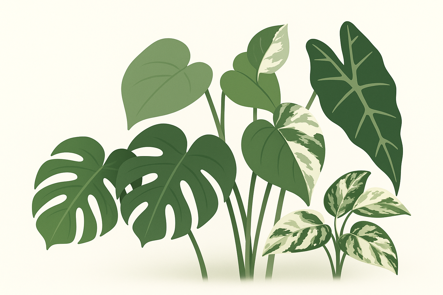 Illustration of aroid plants including Monstera, Philodendron, and Alocasia with variegated green and white leaves on a white background.