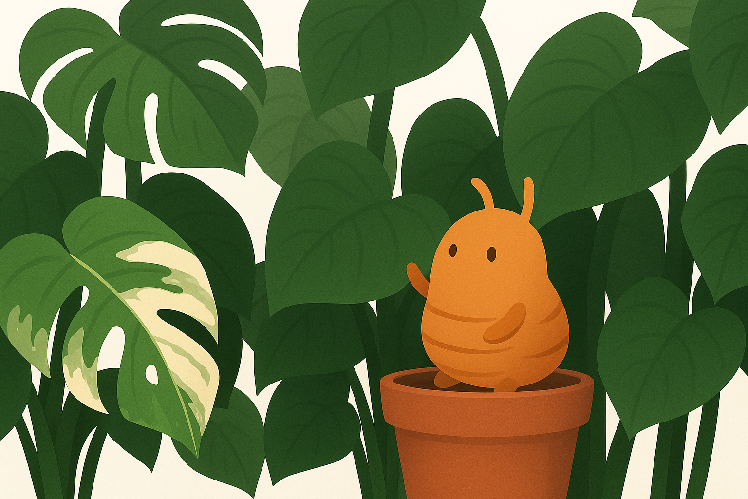 Editorial illustration of a variegated Monstera in a terracotta pot with bold cream-and-green leaves, greener background foliage, and a small cartoon predatory mite perched on the rim, showing how variegation fades in winter.
