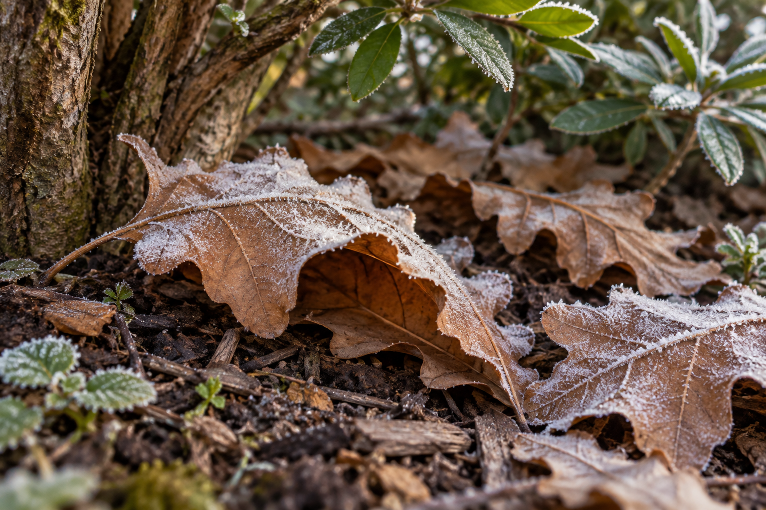 Frosted fallen leaves beneath a shrub beside rough bark