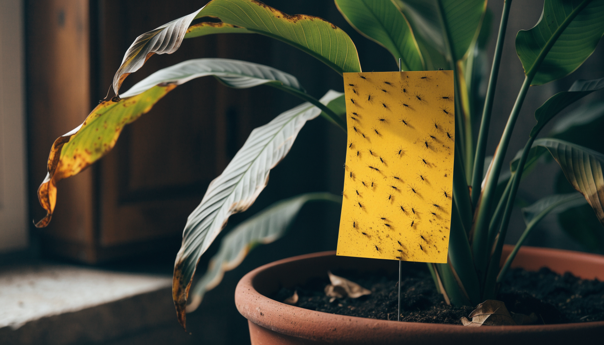 A yellow sticky trap staked in a houseplant pot, covered in caught fungus gnats